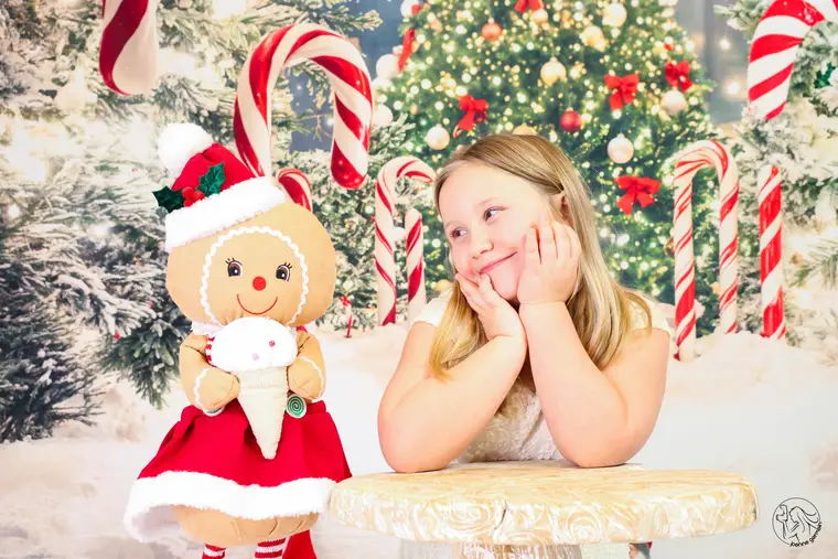 Petite fille souriante près d'un sapin de Noël et d'une peluche pain d'épice.